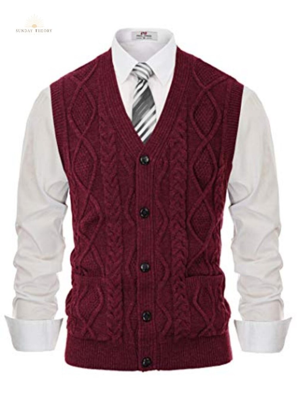Mens Cable Knit V Neck Sweater Vest Button Up Sleeveless Knitted